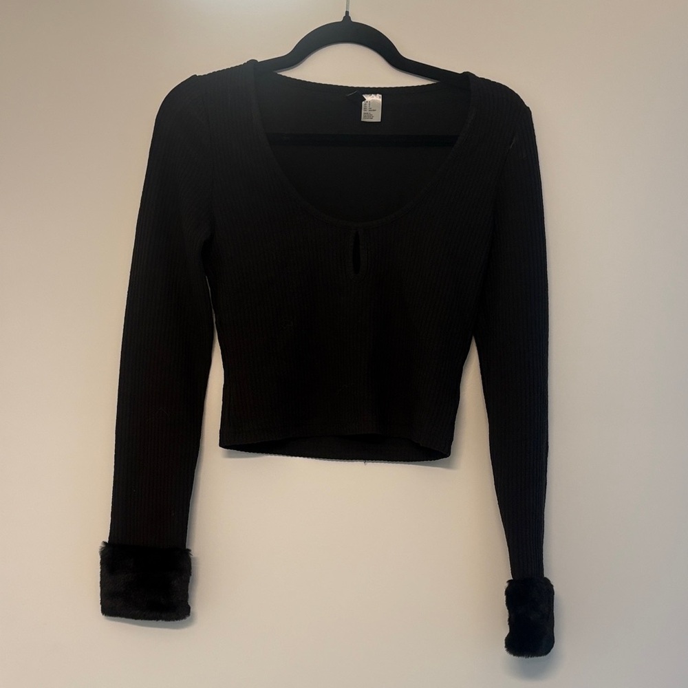 Divided Black Ribbed Long Sleeve Top with Fur Cuffs